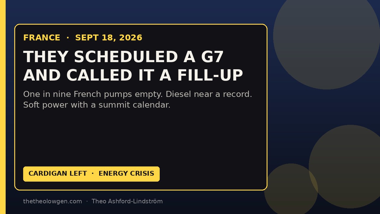 THEY SCHEDULED A G7 AND CALLED IT A FILL-UP | Macron’s emergency fuel summit, one-in-nine French pumps empty, and a war bill Europe still pays at the nozzle