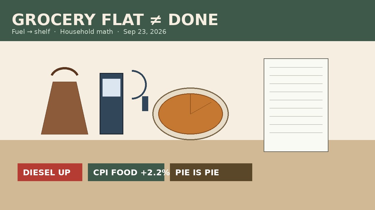 FLAT GROCERY CPI IS NOT THE WHOLE RECEIPT | Food-at-home held still in August while diesel and war fuel costs queue up at the shelf — Taryn on household math