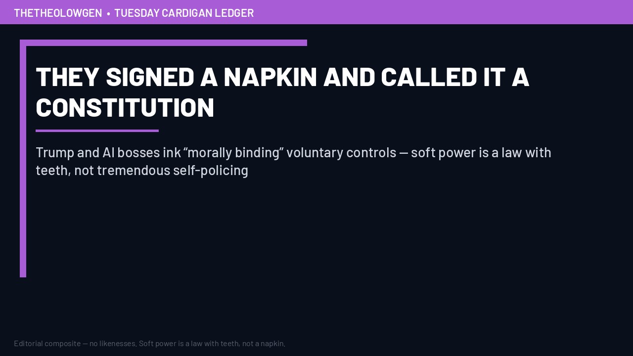 THEY SIGNED A NAPKIN AND CALLED IT A CONSTITUTION | Trump and AI bosses ink “morally binding” voluntary controls — soft power is a law with teeth, not tremendous self-policing