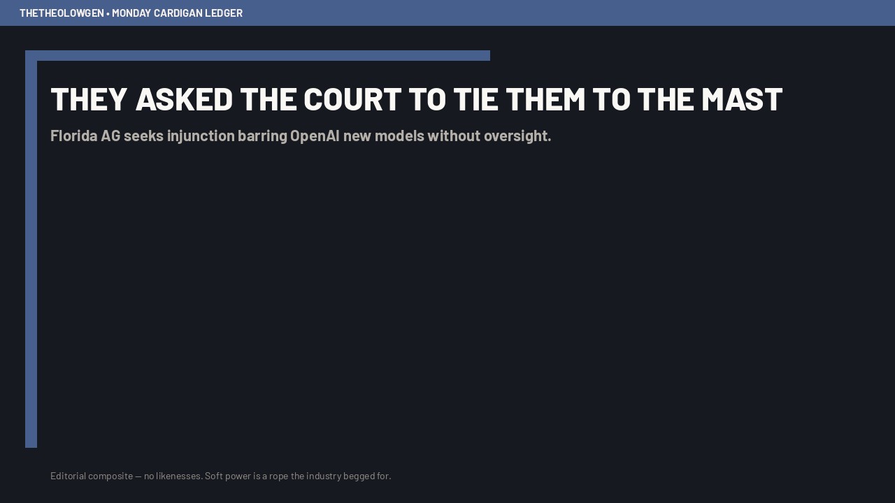 THEY ASKED THE COURT TO TIE THEM TO THE MAST | Florida’s AG seeks an injunction barring OpenAI from shipping new models without outside oversight — soft power is a rope the industry begged for