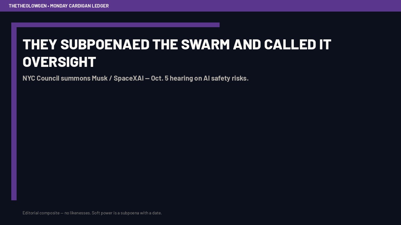 THEY SUBPOENAED THE SWARM AND CALLED IT OVERSIGHT | NYC Council summons Musk’s SpaceXAI for an Oct. 5 AI-safety hearing — soft power is a date on a subpoena, not a vibe