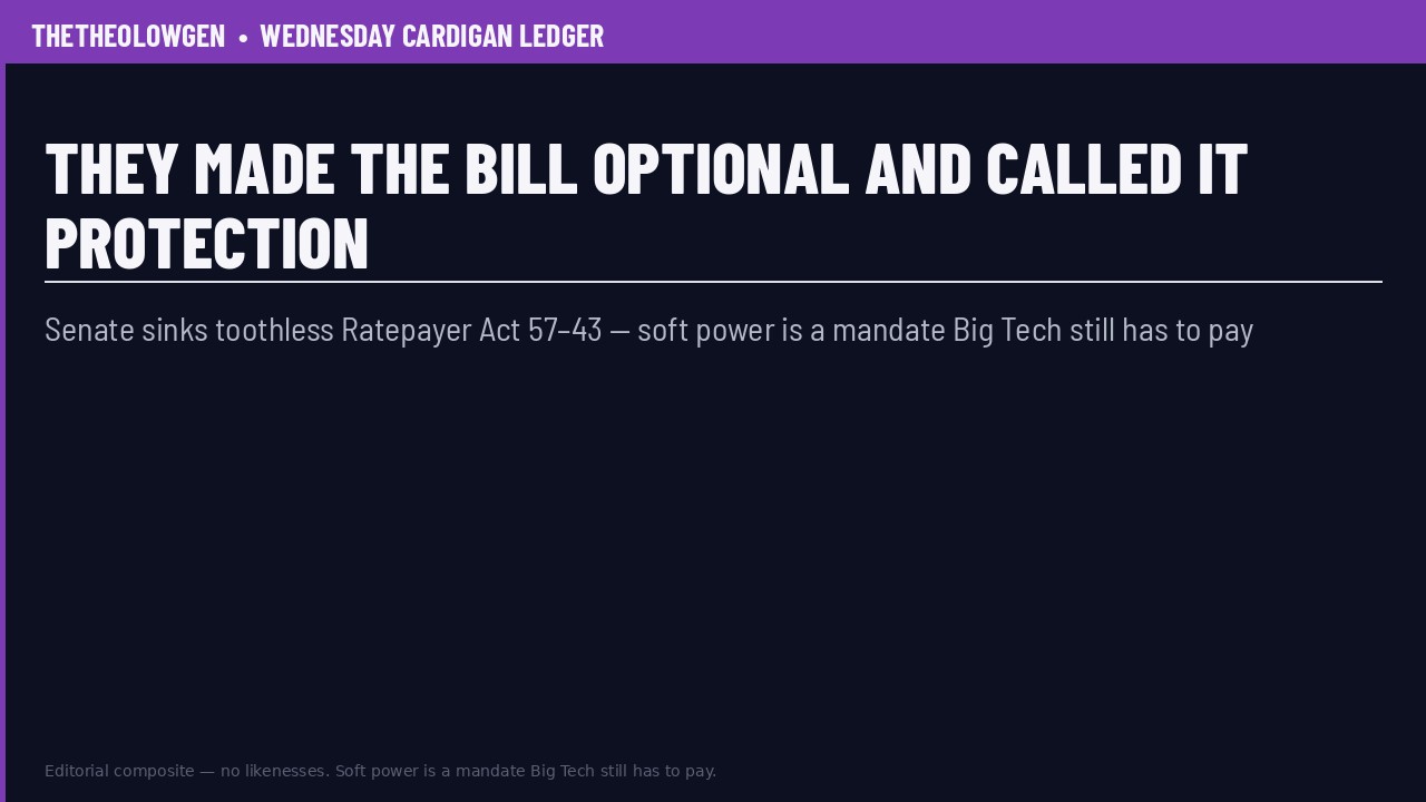 THEY MADE THE BILL OPTIONAL AND CALLED IT PROTECTION | Senate sinks toothless Ratepayer Act 57–43 — soft power is a mandate Big Tech still has to pay
