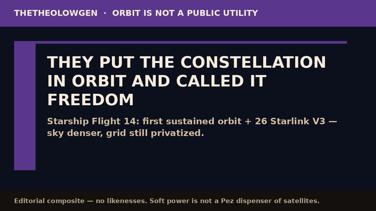 THEY PUT THE CONSTELLATION IN ORBIT AND CALLED IT FREEDOM | Starship Flight 14’s first sustained orbit and 26 Starlink V3 birds — soft power is not a Pez dispenser of satellites