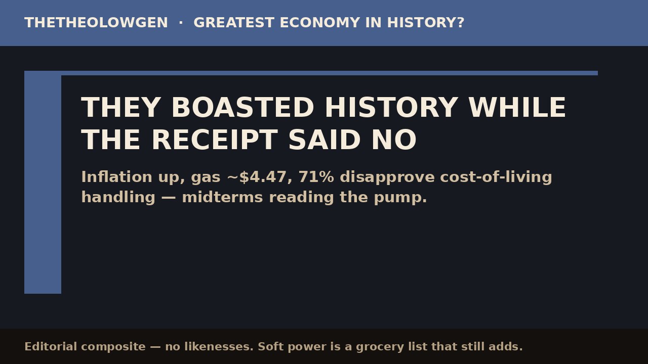 THEY BOASTED HISTORY WHILE THE RECEIPT SAID NO | Trump’s “greatest economy” line meets 71% cost-of-living disapproval, $4.47 gas, and a midterm that can still count