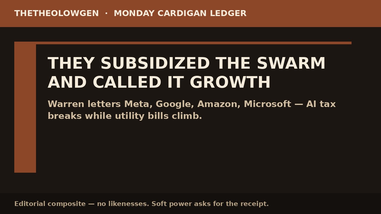 THEY SUBSIDIZED THE SWARM AND CALLED IT GROWTH | Warren’s letters to Meta, Google, Amazon, and Microsoft put AI tax breaks on the midterm receipt