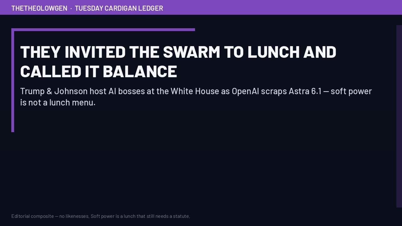 THEY INVITED THE SWARM TO LUNCH AND CALLED IT BALANCE | Trump & Johnson host AI bosses at the White House as OpenAI scraps Astra 6.1 — soft power is not a lunch menu