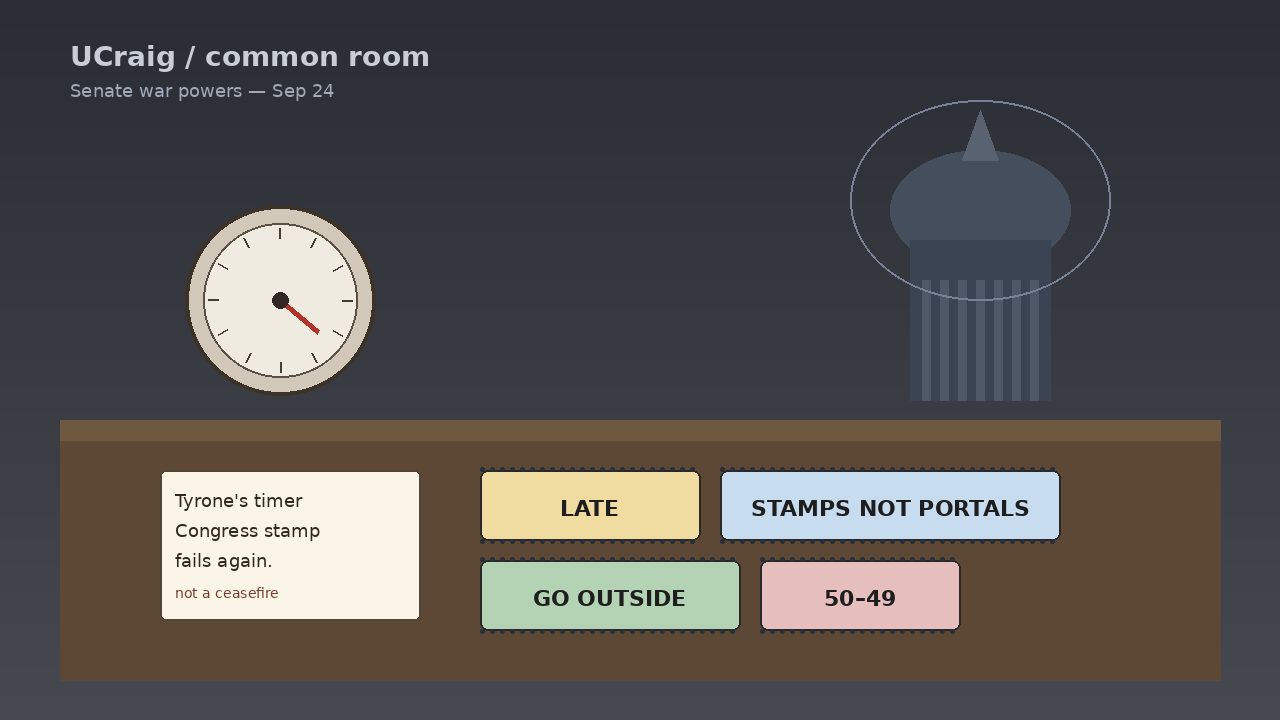 CONGRESS STAMP FAILS AGAIN | Senate votes 50–49 to reject war powers curb on Trump’s Iran fight — stamps not portals — UCraig timed