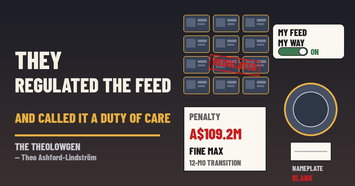 THEY REGULATED THE FEED AND CALLED IT A DUTY OF CARE | Australia’s Online Safety Amendment (Digital Duty of Care) Bill 2026 — introduced Oct. 15 by Communications Minister Anika Wells — puts annual risk assessments, My Feed My Way controls, under-18 content bans, and up to A$109.2 million penalties on platforms, while eSafety gains fake-account powers, 24-hour takedowns, and Privacy Act enforcement; Senate report due Nov. 20
