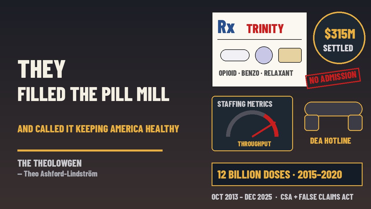 THEY FILLED THE PILL MILL AND CALLED IT KEEPING AMERICA HEALTHY | CVS agrees to pay $315 million to settle DOJ claims it filled unlawful opioid and “trinity” prescriptions from 2013 to 2025 and billed Medicare — staffing metrics over patient safety alleged, 12 billion opioid doses sold 2015–2020, a DEA hotline, and no admission of wrongdoing