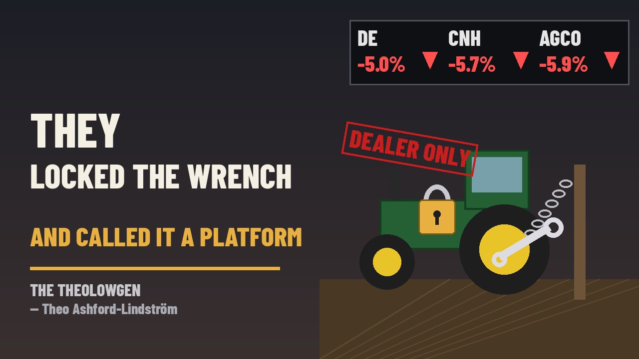 THEY LOCKED THE WRENCH AND CALLED IT A PLATFORM | FTC and USDA open a joint inquiry into ag-equipment markets after farmers’ repair and access complaints — Deere, CNH and AGCO shares fall about 5% to 6%, while the agencies already settled a Deere right-to-repair case and invite comments through Dec. 7