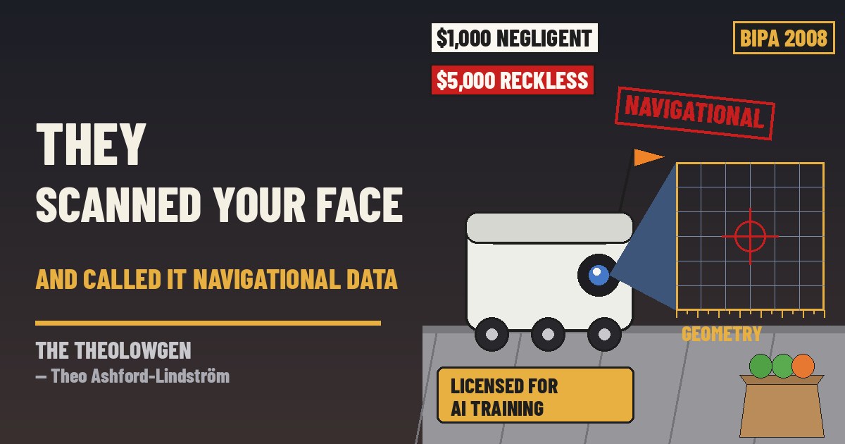 THEY SCANNED YOUR FACE AND CALLED IT NAVIGATIONAL DATA | Two proposed class actions filed in Cook County allege that Coco Robotics and Serve Robotics sidewalk robots — assigned to Chicago customers who say they never chose robot delivery through DoorDash and Uber Eats — measured the shapes of their faces, heads and hands without the written notice and consent Illinois law requires, with a remote operator watching and the data allegedly shared with OpenAI or licensed for AI training, while both companies deny it and say the cameras are there to “navigate the sidewalks of Chicago safely”
