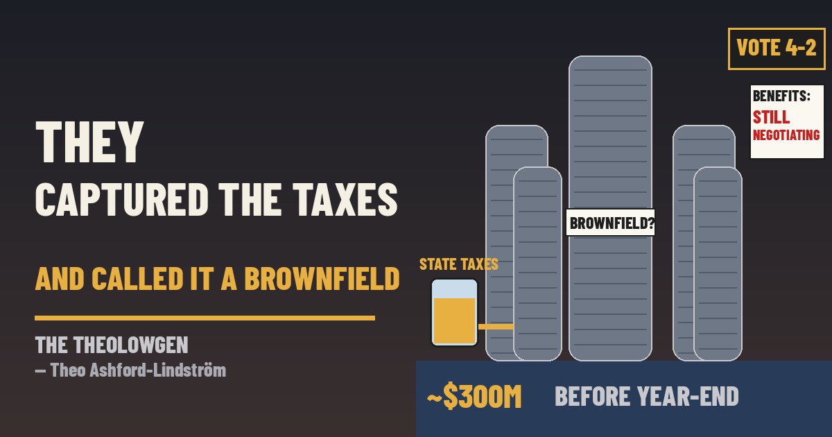 THEY CAPTURED THE STATE TAXES AND CALLED IT A BROWNFIELD | Detroit’s Brownfield Redevelopment Authority voted 4-2 on Oct. 14 to back a Transformational Brownfield capture of future state taxes worth an estimated $300 million for Bedrock and General Motors’ $2.2 billion Renaissance Center redevelopment — after the developers warned a two-week delay could cost them state approval by year-end, and while the neighborhood benefits package was still being negotiated