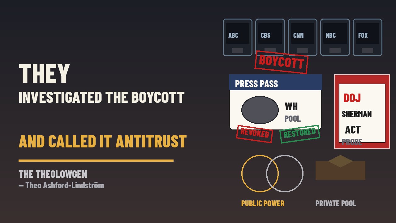 THEY INVESTIGATED THE BOYCOTT AND CALLED IT ANTITRUST | DOJ opens a Sherman Act probe into ABC, CBS, CNN, NBC and Fox News after the White House TV pool suspended coverage when Trump barred CNN and others — credentials restored by a judge, then the Antitrust Division arrived