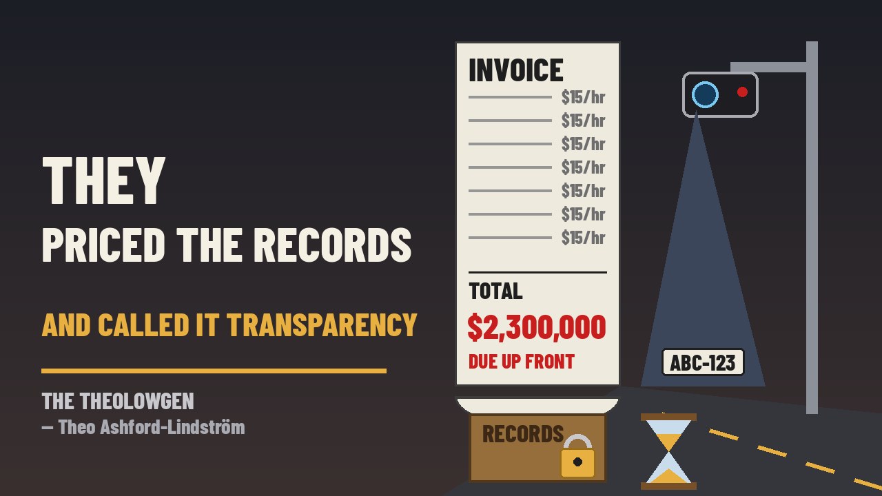 THEY PRICED THE RECORDS AND CALLED IT TRANSPARENCY | A Texas suburb bills a privacy watchdog $2.3 million up front for its Flock camera records — more than 14 years of $15-an-hour labor — while Texas DPS and TxDOT fight to withhold camera searches and locations