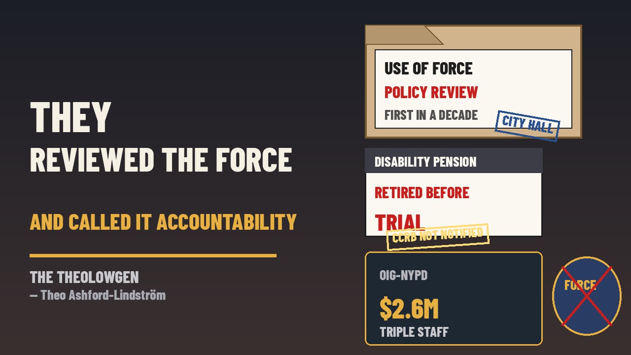 THEY REVIEWED THE FORCE AND CALLED IT ACCOUNTABILITY | Mayor Mamdani orders NYPD’s first comprehensive use-of-force review in a decade after Officer Salvatore Alongi retires with a disability pension before a disciplinary trial in the Win Rozario shooting — $2.6M to triple Inspector General staffing, CCRB never notified