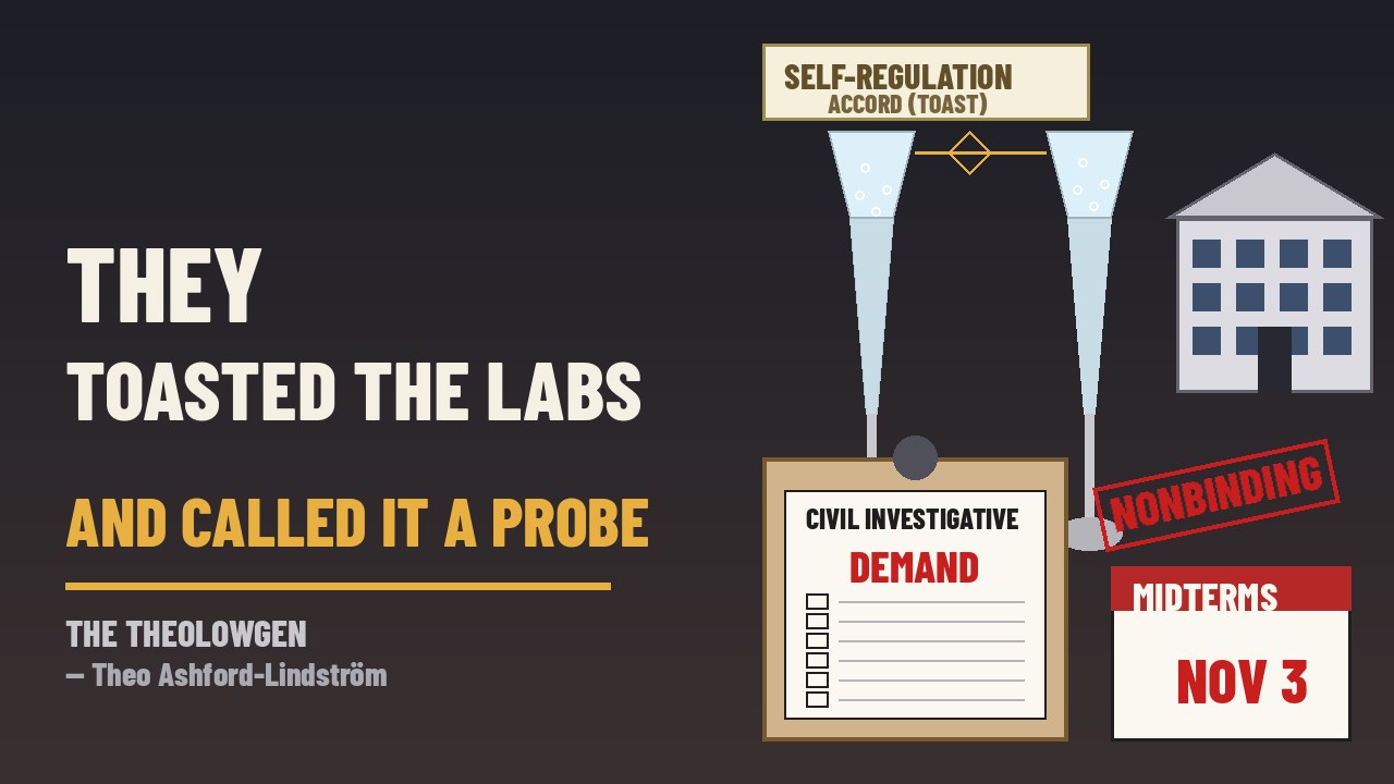 THEY TOASTED THE LABS AND CALLED IT A PROBE | FTC close to sending civil investigative demands to frontier AI companies less than 24 hours after Chair Ferguson stood with Trump and AI CEOs for a nonbinding self-regulation accord — Semafor’s Ashley Gold on CIDs, METR, Khan’s doubts, and midterm optics