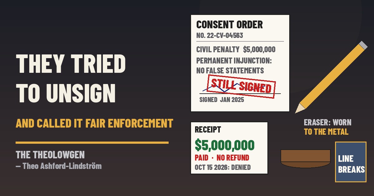 THEY TRIED TO UNSIGN THE SETTLEMENT AND CALLED IT FAIR ENFORCEMENT | Fresh from a poetry reading, where nobody gets to unread a line: a federal judge refuses the CFTC’s and Gemini’s joint bid to erase the $5 million settlement the agency itself won — the penalty stays paid, the don’t-lie-to-us injunction stands, and a new enforcement mood is not a reason to reopen a signed judgment