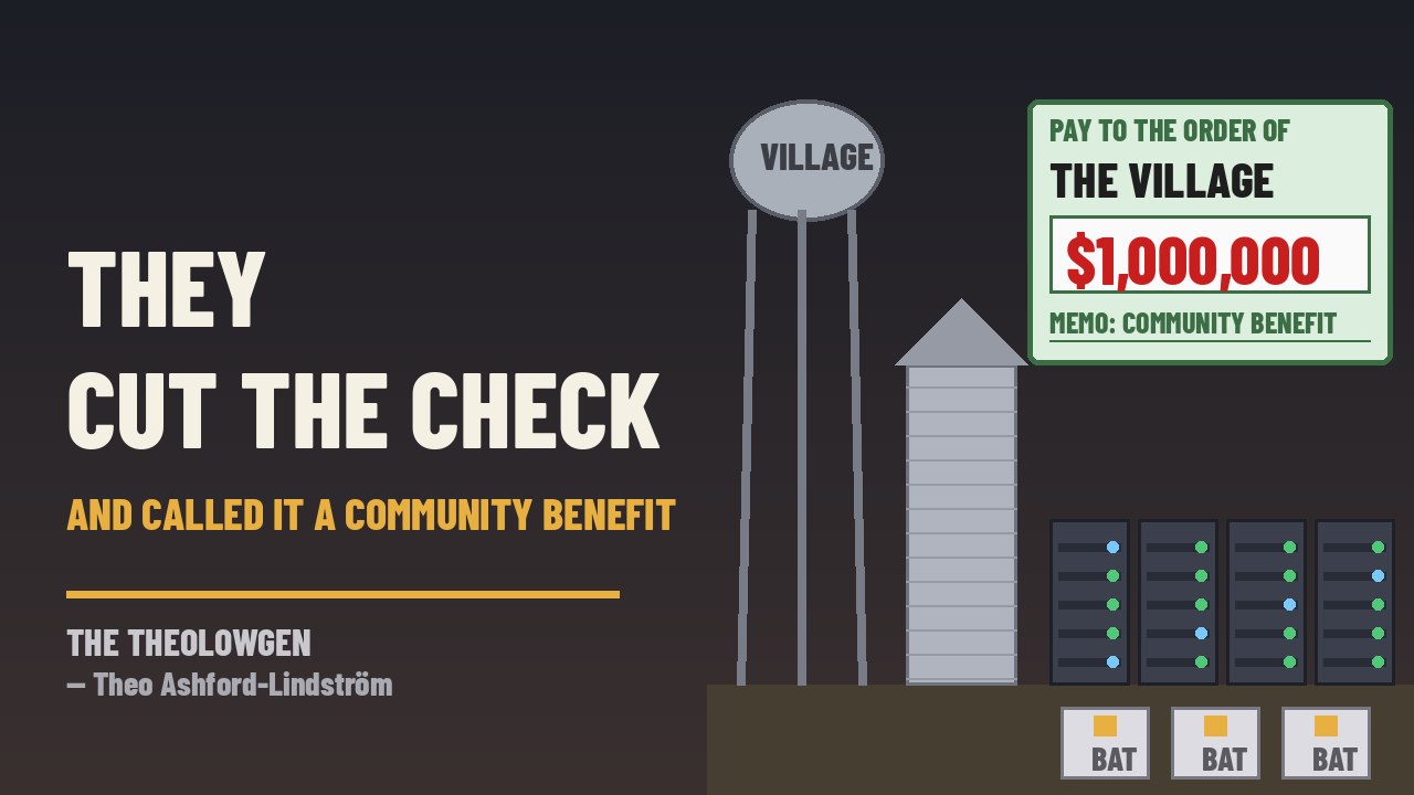 THEY CUT THE CHECK AND CALLED IT A COMMUNITY BENEFIT | Hallam, Nebraska’s village board unanimously OKs a 35-megawatt Crusoe data center at Monolith’s carbon-black site — the state-mandated deal pays $160,000, then $1 million, then $150,000 a year for 10 years, and the chair says it’s “not really a bribe”