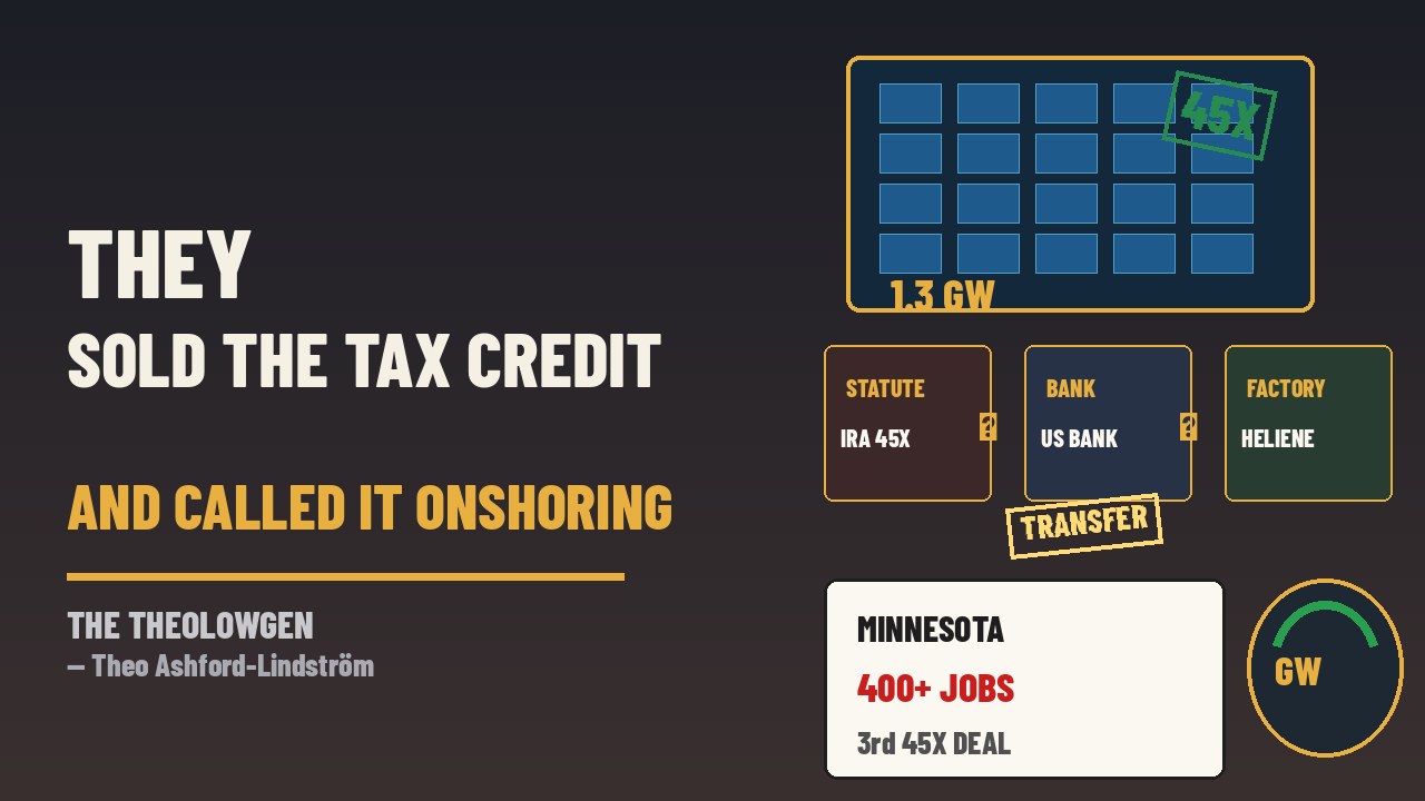 THEY SOLD THE TAX CREDIT AND CALLED IT ONSHORING | Heliene closes its third Section 45X Advanced Manufacturing Production Tax Credit transfer — second with U.S. Bank — to fund Minnesota solar expansion at 1.3 GW capacity and 400+ employees under the Inflation Reduction Act