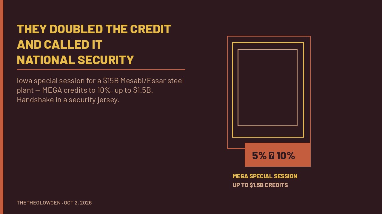 THEY DOUBLED THE CREDIT AND CALLED IT NATIONAL SECURITY | Iowa special session for a $15B steel plant and up to $1.5B in tax credits — the handshake wearing a national-security jersey