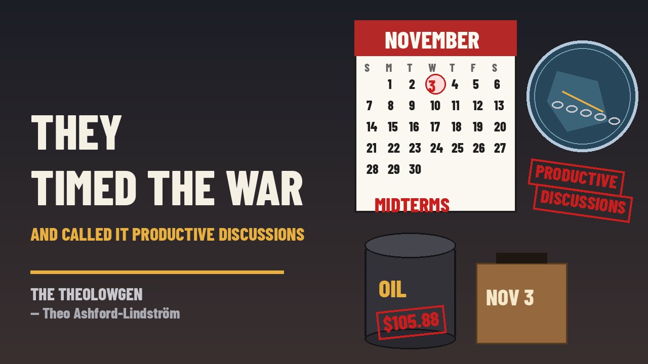 THEY TIMED THE WAR AND CALLED IT PRODUCTIVE DISCUSSIONS | Trump posts that the U.S. will not attack Iran before the Nov. 3 midterms, cites “productive discussions,” keeps the blockade, and claims 22 million barrels through Hormuz last night — none to or from Iran — after oil spiked on reports of pre-midterm strike options