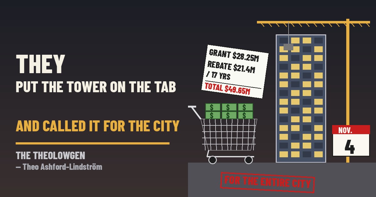 THEY PUT THE TOWER ON THE CITY’S TAB AND CALLED IT FOR THE ENTIRE CITY | Two Jacksonville council members stood at City Hall on Oct. 22 beside developer Gateway Jax to push a $49.65 million incentive package — a $28.25 million cash completion grant out of city reserves plus a $21.4 million, 17-year property-tax rebate — for a $140 million, 14-story Downtown tower with a Publix on the ground floor that the developer says “would not be possible without the investment,” after the council’s Finance Committee deferred it until voters decide a homestead tax measure its auditor says could cost the city $200 million to $300 million a year