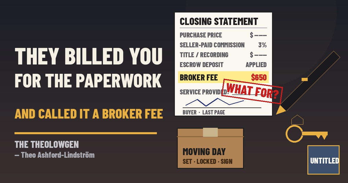 THEY BILLED YOU FOR THE PAPERWORK AND CALLED IT A BROKER FEE | Fresh from a poetry reading, where the title is the one line that has to say what the poem is for: a proposed class action filed Oct. 19 in Lancaster County, Pa., accuses Keller Williams Elite of springing a $650 “broker fee” on a homebuyer at closing — on top of a 3% commission the seller paid — for paperwork the complaint says a broker’s own license already requires. The firm hasn’t commented, and nothing has been proven.