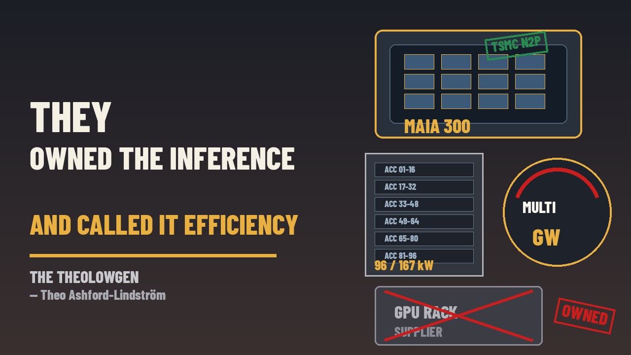 THEY OWNED THE INFERENCE AND CALLED IT EFFICIENCY | Microsoft scales Azure Maia to multi-gigawatt deployments from 2027 — Maia 300 primary inference, 40% more tokens per megawatt vs leading GPUs, TSMC N2P, Nadella’s “biggest bet yet on our own silicon,” Evercore ~10% of MSFT AI-chip spend
