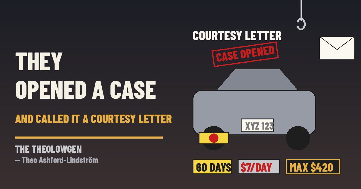 THEY OPENED A CASE ON YOUR CAR AND CALLED IT A COURTESY LETTER | Maryland’s MVA started mailing official warning notices Oct. 1 to residents driving on another state’s plates — 60 days to comply, then $7 a day up to $420, and after 120 days the state hands the file to local governments that can boot, tow, impound or pull the plates; Baltimore County is weighing a bill to be the hammer, with a vote set for Nov. 2
