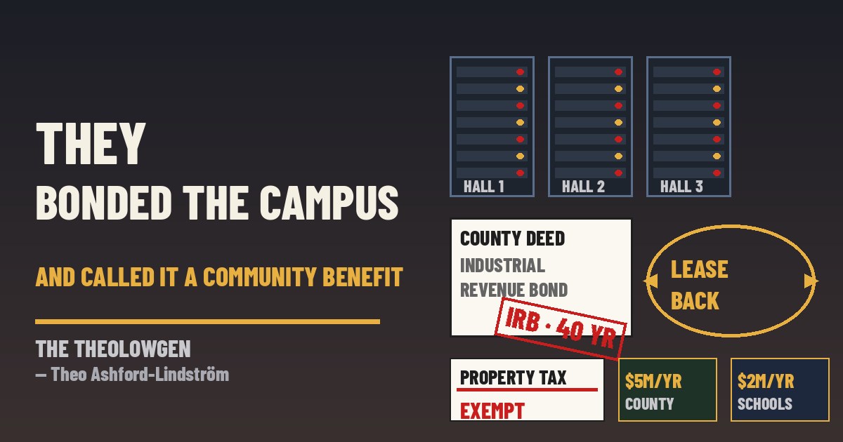 THEY BONDED THE CAMPUS AND CALLED IT A COMMUNITY BENEFIT | Mason County, Ky., fiscal court unanimously advances a Meta hyperscale data center on nearly 3,000 acres — ~$15B initial, up to $800B over 40 years, 400 permanent jobs — while industrial revenue bonds would exempt the campus from local property taxes for up to 40 years in exchange for $5M/year to the county and $2M/year to schools