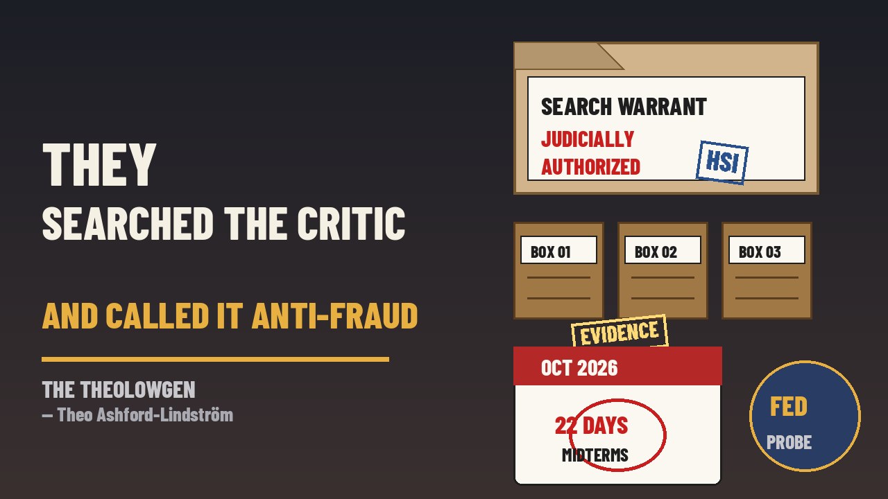 THEY SEARCHED THE CRITIC AND CALLED IT ANTI-FRAUD | HSI executes a judicially authorized search warrant at Rep. Ilhan Omar’s Washington-area home 22 days before the midterms — DOJ says ongoing criminal probe, nature officially unclear, Democrats cry weaponization, Emmer cheers accountability