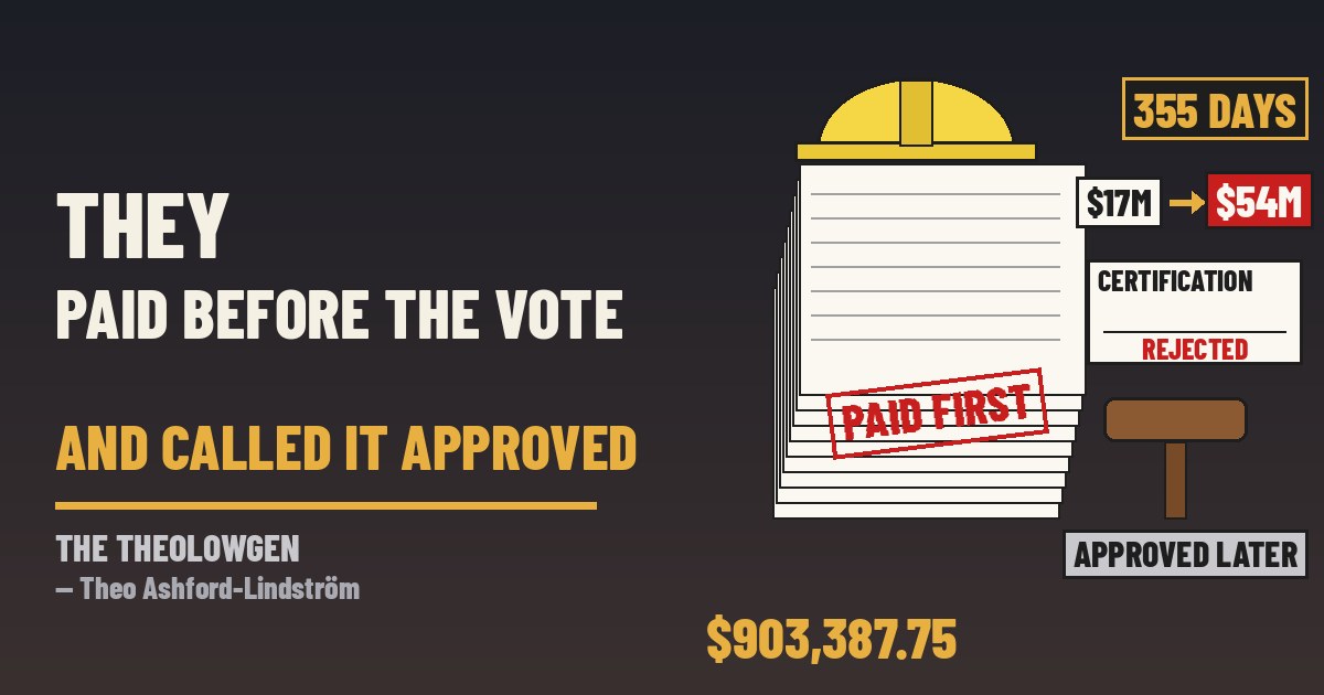 THEY PAID BEFORE THE VOTE AND CALLED IT APPROVED | Palm Beach County’s inspector general found the county paid $903,387.75 for change-order work on the sheriff’s headquarters renovation up to 355 business days before commissioners approved it, plus $223,243.30 in charges beyond the contract — on a job first estimated at $17 million, now $54 million and mostly paid from a voter-approved sales surtax — and the county still refused to make its contractor certify the bills