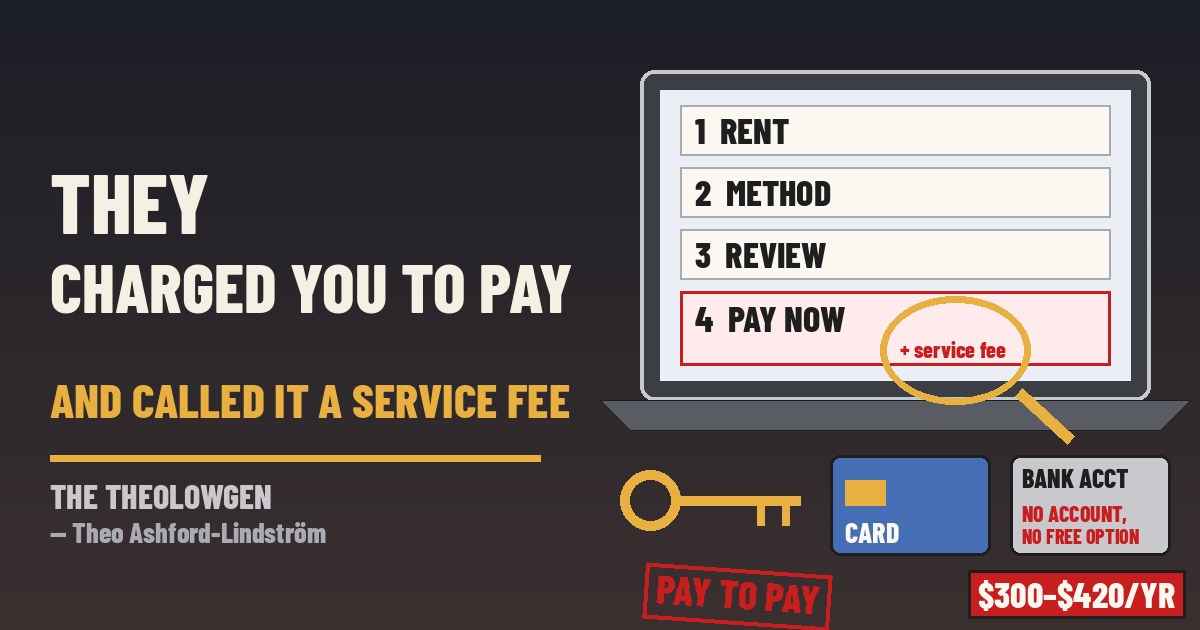 THEY CHARGED YOU TO PAY THE RENT AND CALLED IT A SERVICE FEE | Baltimore sued Yardi Systems, RentCafe and Pennrose Management on Oct. 19, alleging low-income tenants who pay rent online by card are hit with “service” fees — $300 to $420 a year — that are not in their leases and only appear at the last step of the payment flow, while the free autopay option is poorly advertised and unavailable to tenants without bank accounts