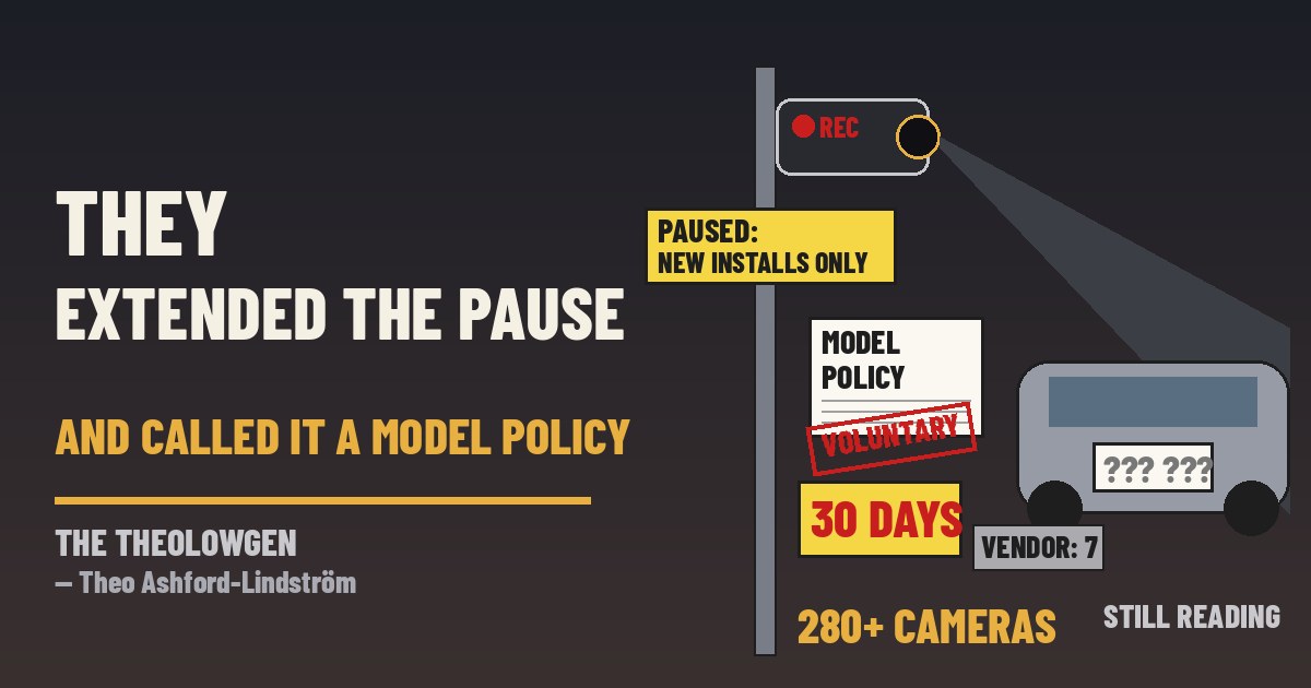 THEY EXTENDED THE PAUSE AND CALLED IT A MODEL POLICY | Rhode Island Gov. Dan McKee keeps the freeze on new license-plate readers going indefinitely and hands local police a voluntary State Police model policy that lets plate data sit 30 days — longer than the seven-day limit Flock itself adopted in August — while the existing network, at least 280 cameras by the ACLU’s count, was never paused and binding rules wait for the 2027 General Assembly
