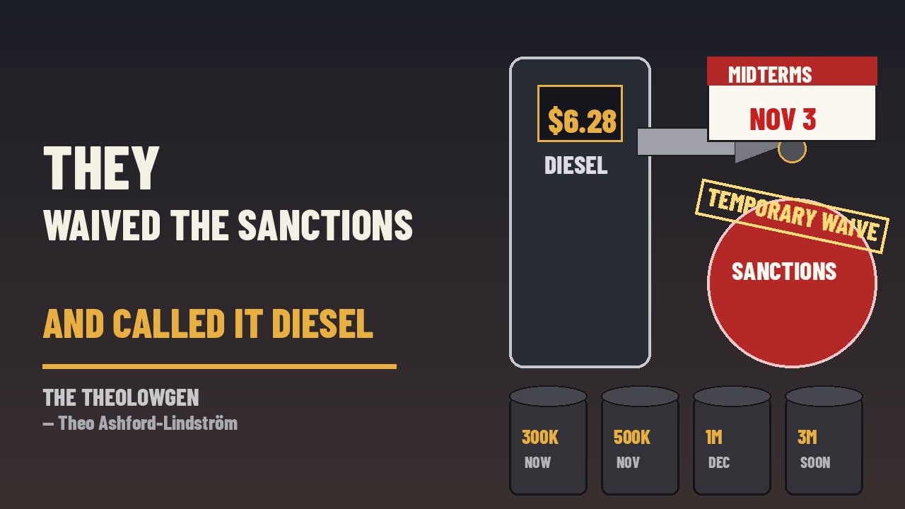 THEY WAIVED THE SANCTIONS AND CALLED IT DIESEL | Trump says Putin will release 300,000 tons of diesel now, 500,000 in November, 1 million in December, plus 3 million more — Treasury temporarily waives Russia energy sanctions as AAA diesel sits at $6.28 and midterms loom