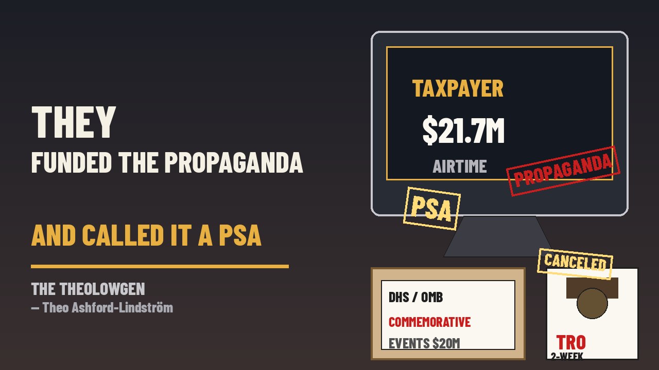 THEY FUNDED THE PROPAGANDA AND CALLED IT A PSA | Judge Jennifer Rochon’s Sunday TRO cancels remaining taxpayer TV ads — AdImpact Monday: $21.7M already spent, LMD $20M DHS campaign, Final Battle ~$13M refurbished 2024 reel, no plan to reimburse the Treasury