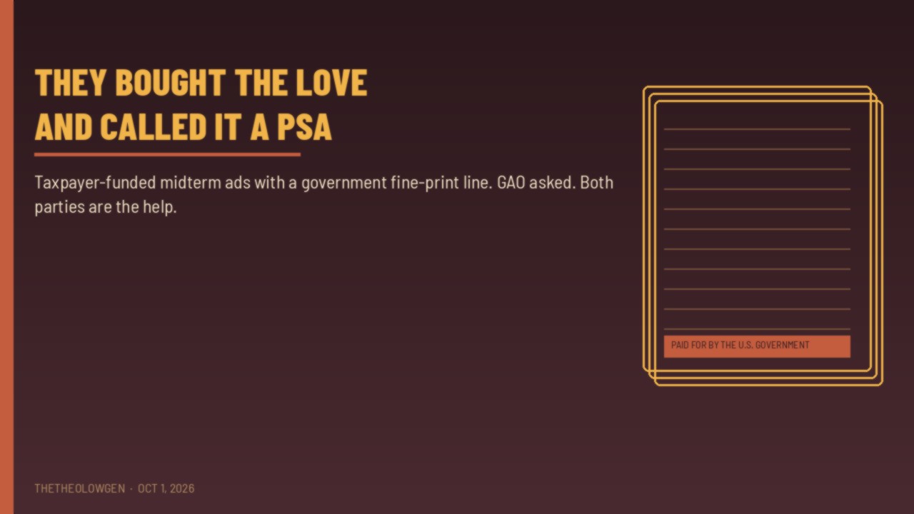 THEY BOUGHT THE LOVE AND CALLED IT A PSA | Taxpayer-funded Trump ads face a GAO probe — both parties are the help when the fine print says Paid for by the U.S. Government